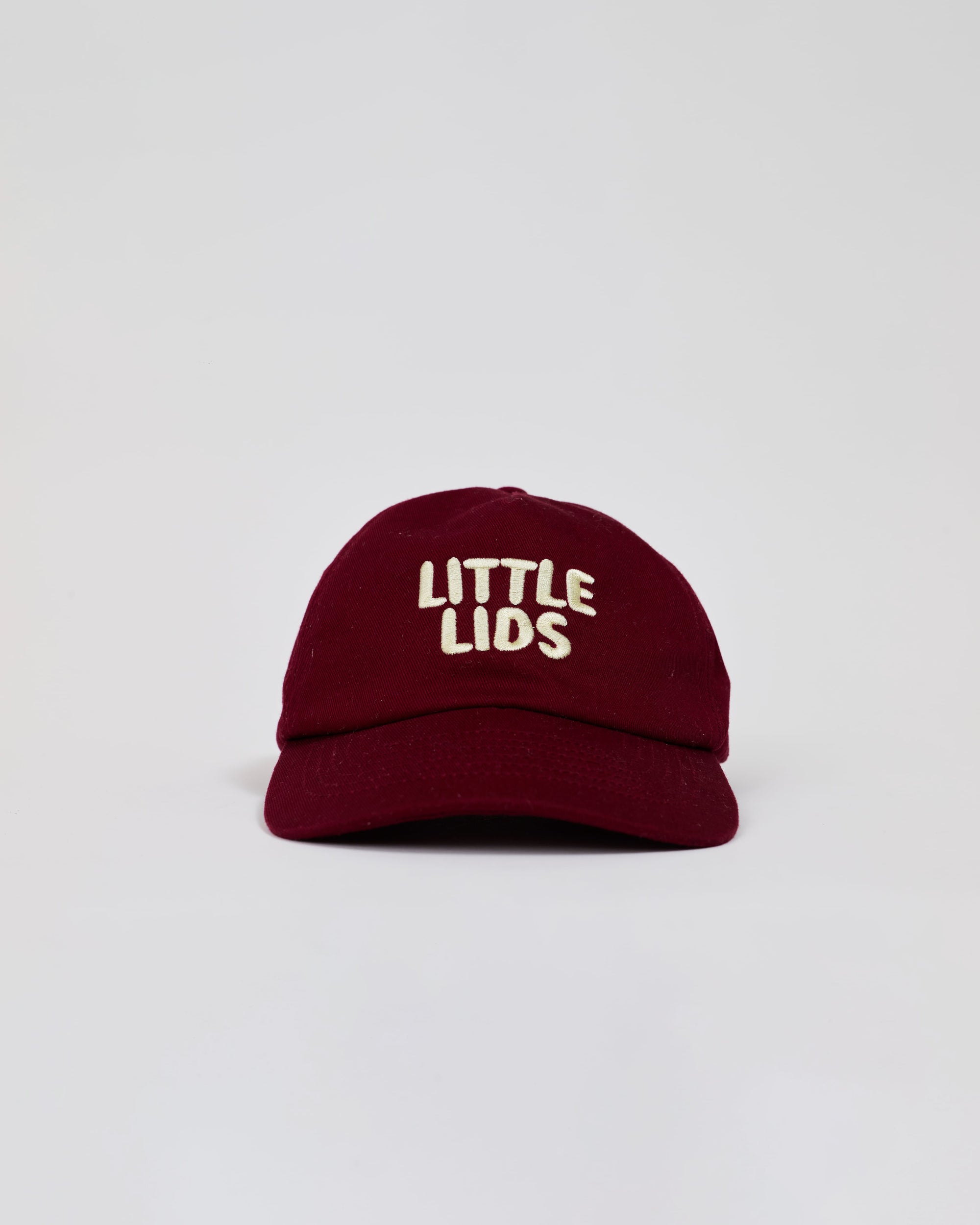 Burgundy kids hat with 'LITTLE LIDS' logo