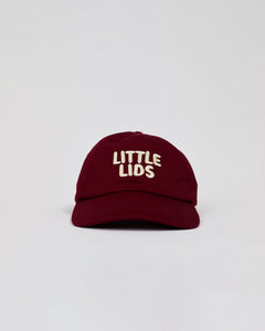 Burgundy kids hat with 'LITTLE LIDS' logo