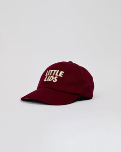 Burgundy kids hat with 'LITTLE LIDS' logo