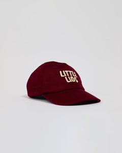 Burgundy kids hat with 'LITTLE LIDS' logo
